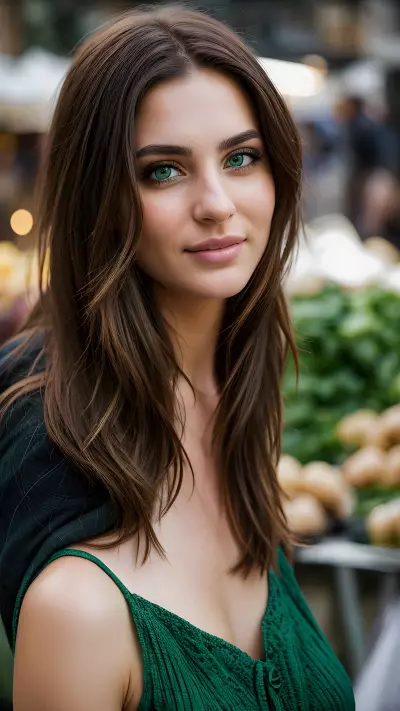 Busy Marketplace Portrait with Green Eyes