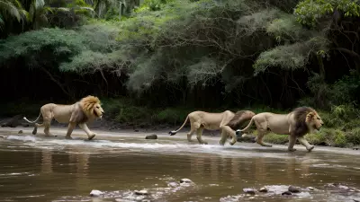 Migrating Lions Roaming Along the Rainforest Riverbed