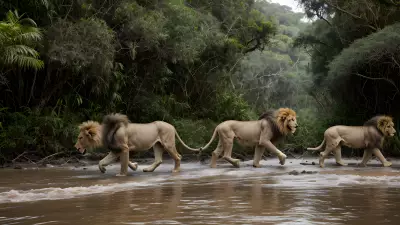Migrating Lions Roaming Along the Rainforest Riverbed