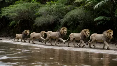 Migrating Lions Roaming Along the Rainforest Riverbed