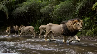 Migrating Lions Roaming Along the Rainforest Riverbed