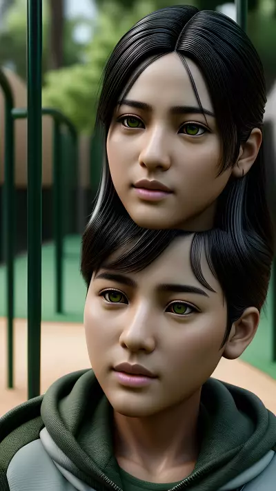 JW Park's Sadness Portrait Olive Eyes at a Playground