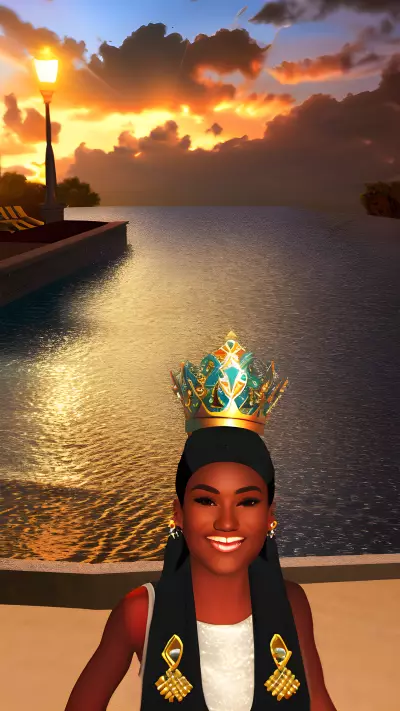 Cultural queen by the Olympic pool at sunset