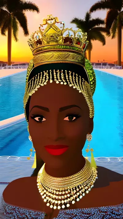 Cultural queen by the Olympic pool at sunset