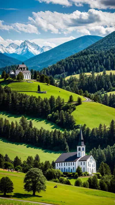 Majestic Mountain and Serene Church in a Dynamic Balance