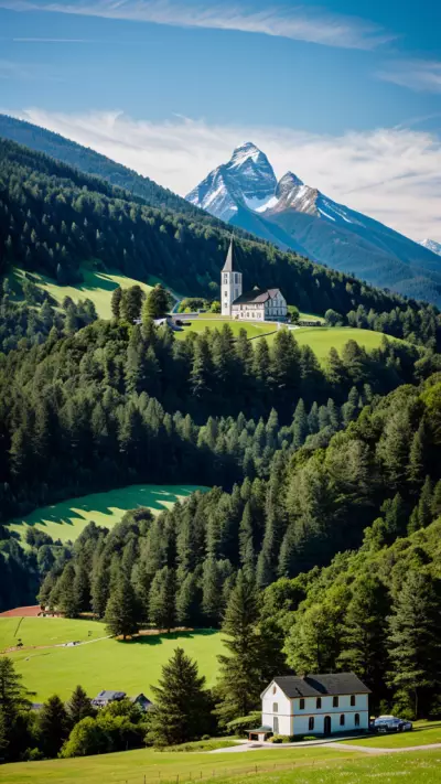 Majestic Mountain and Serene Church in a Dynamic Balance