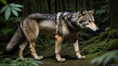 Hunter and Hunted A Candid Shot of a Ferocious Wolf in the Taiga Rainforest