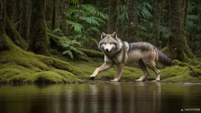 Hunter and Hunted A Candid Shot of a Ferocious Wolf in the Taiga Rainforest