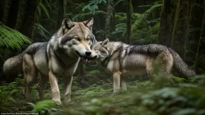 Hunter and Hunted A Candid Shot of a Ferocious Wolf in the Taiga Rainforest