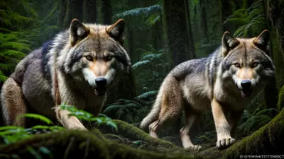 Hunter and Hunted A Candid Shot of a Ferocious Wolf in the Taiga Rainforest