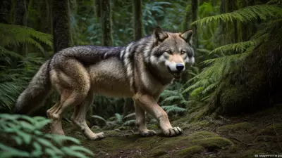 Hunter and Hunted A Candid Shot of a Ferocious Wolf in the Taiga Rainforest