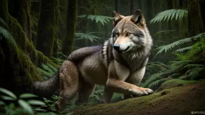 Hunter and Hunted A Candid Shot of a Ferocious Wolf in the Taiga Rainforest