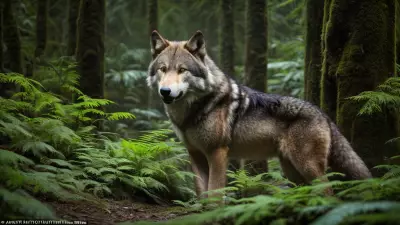 Hunter and Hunted A Candid Shot of a Ferocious Wolf in the Taiga Rainforest
