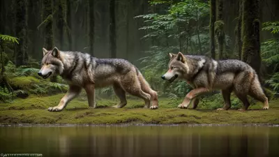 Hunter and Hunted A Candid Shot of a Ferocious Wolf in the Taiga Rainforest