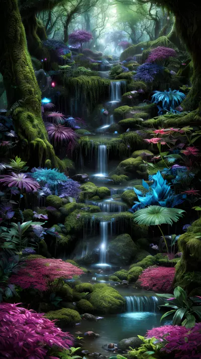 Otherworldly Beasts in an Enchanted Forest Waterfall