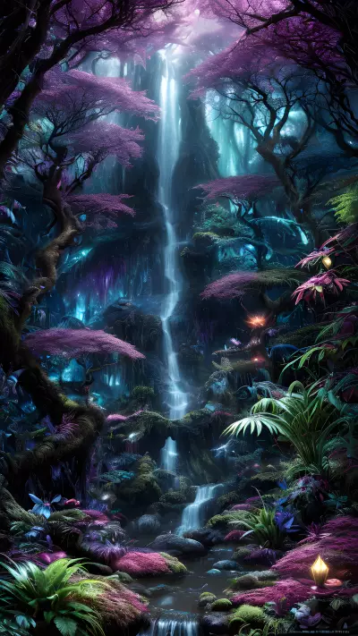 Otherworldly Beasts in an Enchanted Forest Waterfall