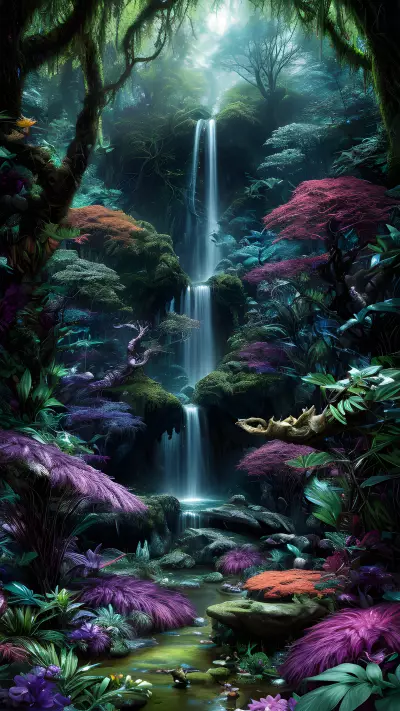 Otherworldly Beasts in an Enchanted Forest Waterfall