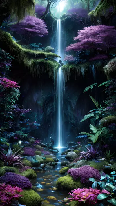 Otherworldly Beasts in an Enchanted Forest Waterfall