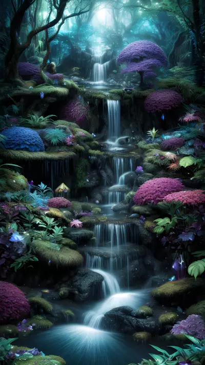 Otherworldly Beasts in an Enchanted Forest Waterfall