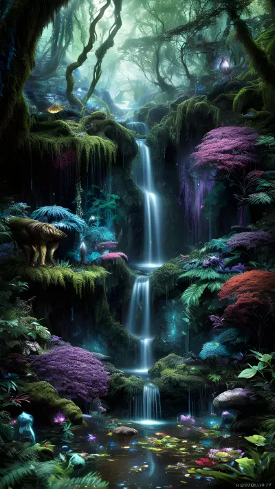 Otherworldly Beasts in an Enchanted Forest Waterfall