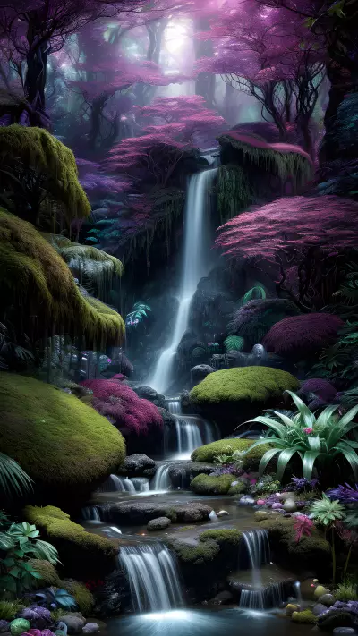 Otherworldly Beasts in an Enchanted Forest Waterfall