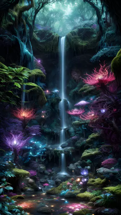 Otherworldly Beasts in an Enchanted Forest Waterfall