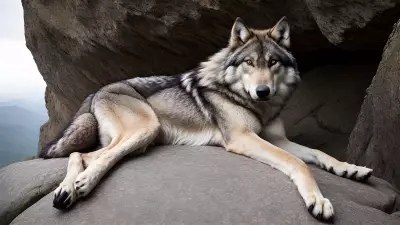 Photography of giant wolf in a forest or rock or mountain
