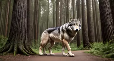Photography of giant wolf in a forest or rock or mountain