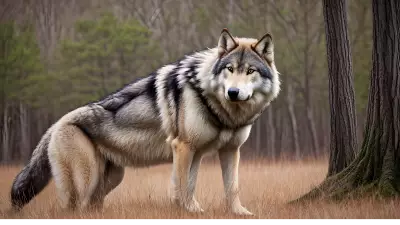 Photography of giant wolf in a forest or rock or mountain