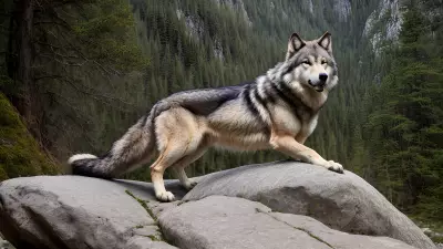 Photography of giant wolf in a forest or rock or mountain