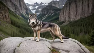 Photography of giant wolf in a forest or rock or mountain