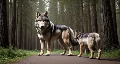 Photography of giant wolf in a forest or rock or mountain