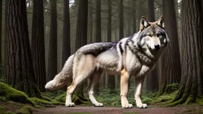 Photography of giant wolf in a forest or rock or mountain
