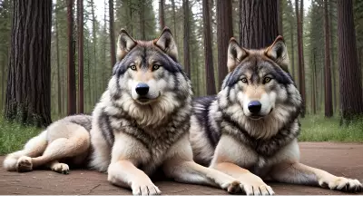 Photography of giant wolf in a forest or rock or mountain