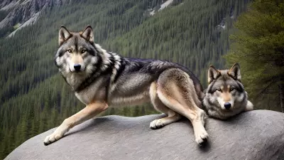 Photography of giant wolf in a forest or rock or mountain