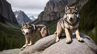Photography of giant wolf in a forest or rock or mountain