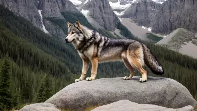 Photography of giant wolf in a forest or rock or mountain