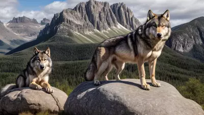 Photography of giant wolf in a forest or rock or mountain