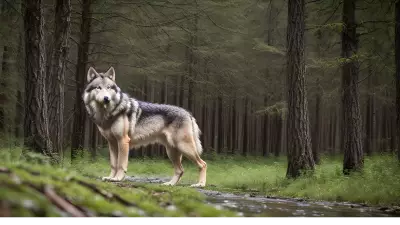 Photography of giant wolf in a forest or rock or mountain
