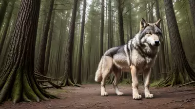 Photography of giant wolf in a forest or rock or mountain