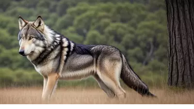 Photography of giant wolf in a forest or rock or mountain
