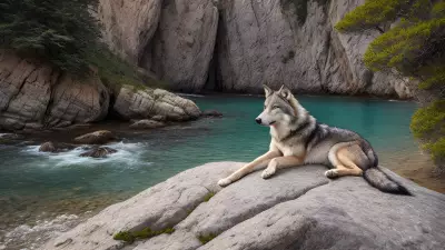 Photography of giant wolf in a forest or rock or mountain