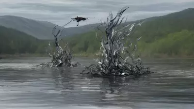 Serene Chaos Lake Meets Drone in Kinetic Art Exploration