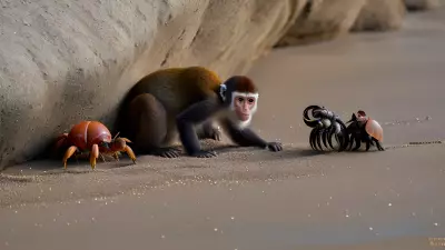 Capturing Nature's Wonders A meeting between a capuchin monkey and a hermit crab on the shoreline