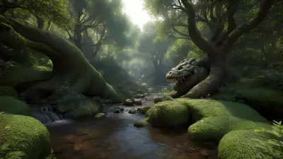Enchantment's Maw A Sinuous Creature Guards the Bewilderingly Angelic Stream in This Forest