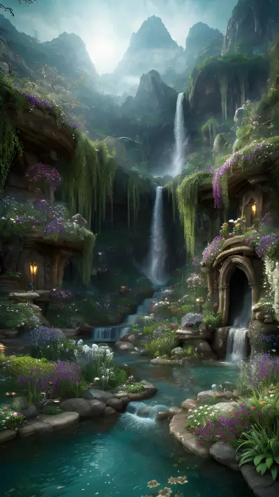 Masterful Wyrdgarden oasis of crystalline wonders above