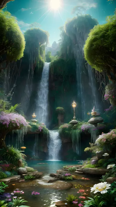Masterful Wyrdgarden oasis of crystalline wonders above