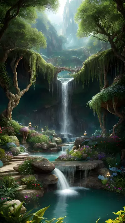 Masterful Wyrdgarden oasis of crystalline wonders above